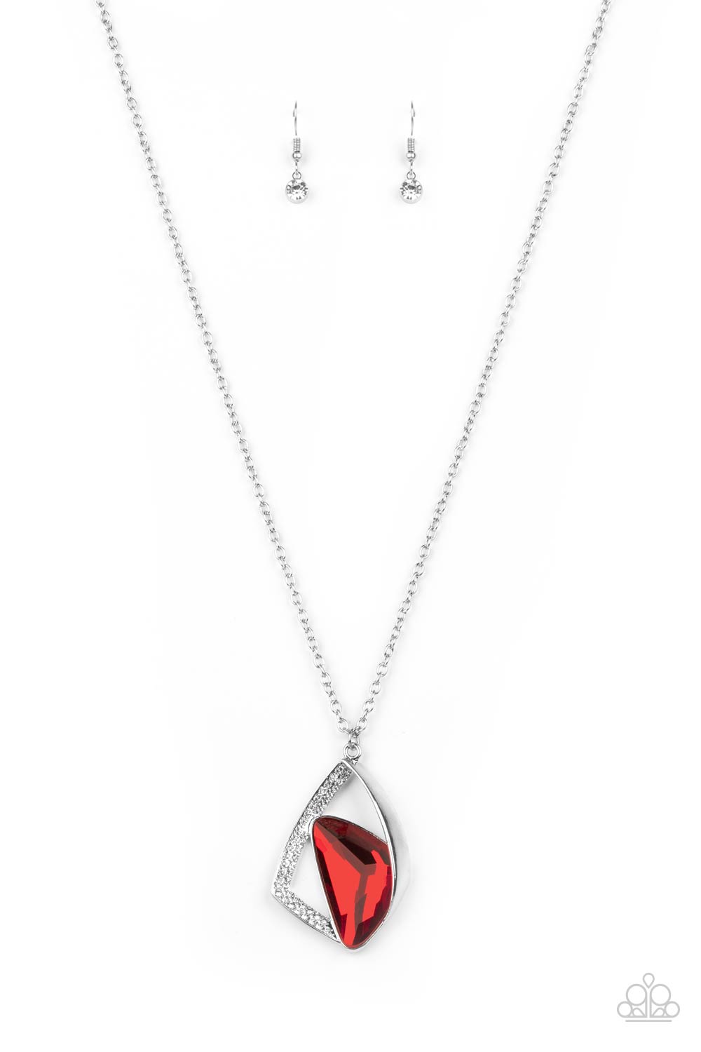Galatic Wonder - Red Rhinestone Necklaces triangular red gem is nestled inside folds of a shiny silver frame and white rhinestone encrusted silver ribbons, creating an asymmetrical pendant at the bottom of a lengthened silver chain. Features an adjustable clasp closure.  Sold as one individual necklace. Includes one pair of matching earrings.