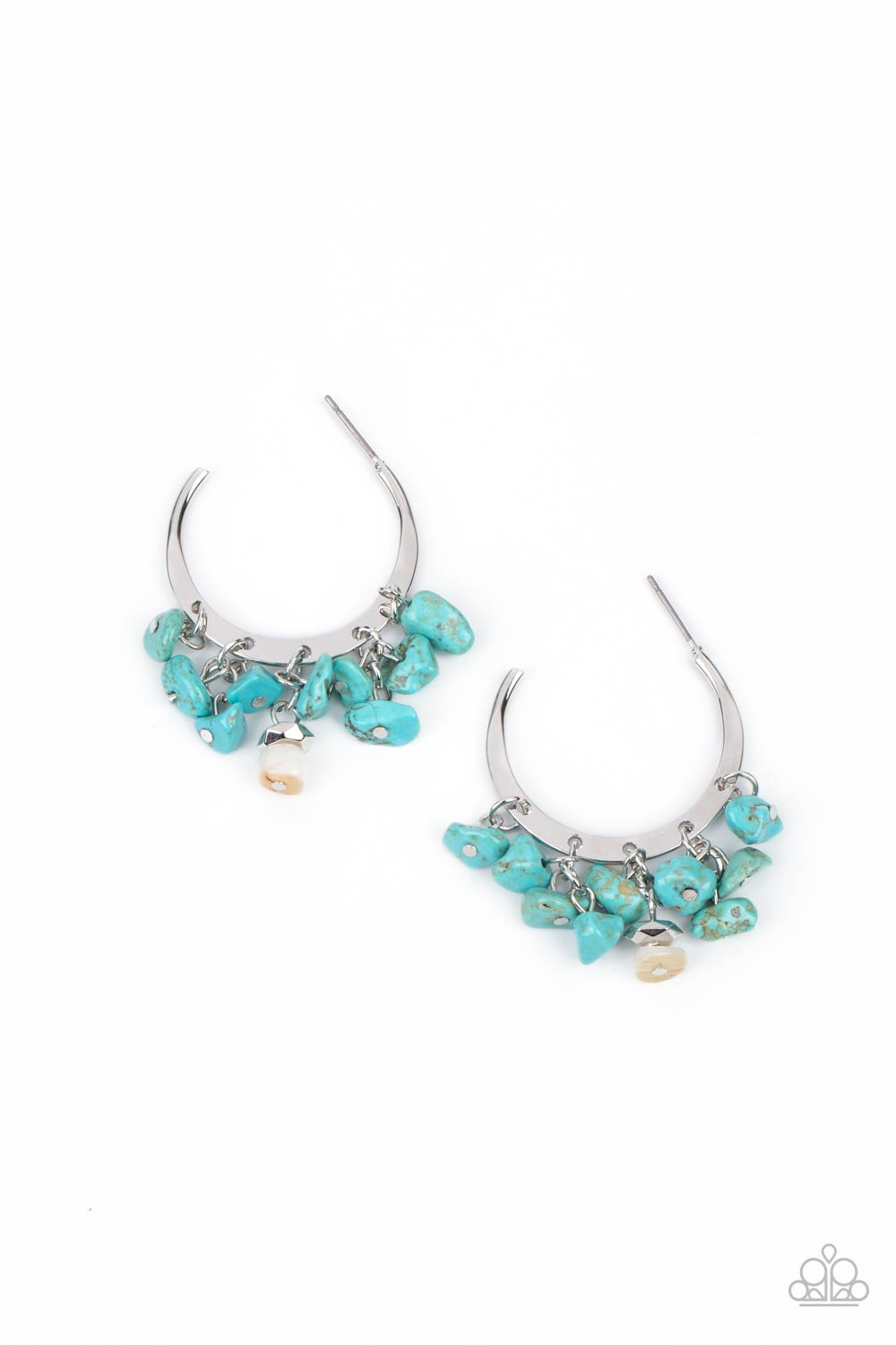 Gorgeously Grounding - Blue Hoop Earrings clusters of turquoise pebbles swing from the bottom of a dainty silver hoop, creating an earthy fringe. A faceted silver and white stone bead swings from the center, adding an ethereal edge. Earring attaches to a standard post fitting. Hoop measures approximately 1 1/4" in diameter.  Sold as one pair of hoop earrings.  Paparazzi Jewelry is lead and nickel free so it's perfect for sensitive skin too!