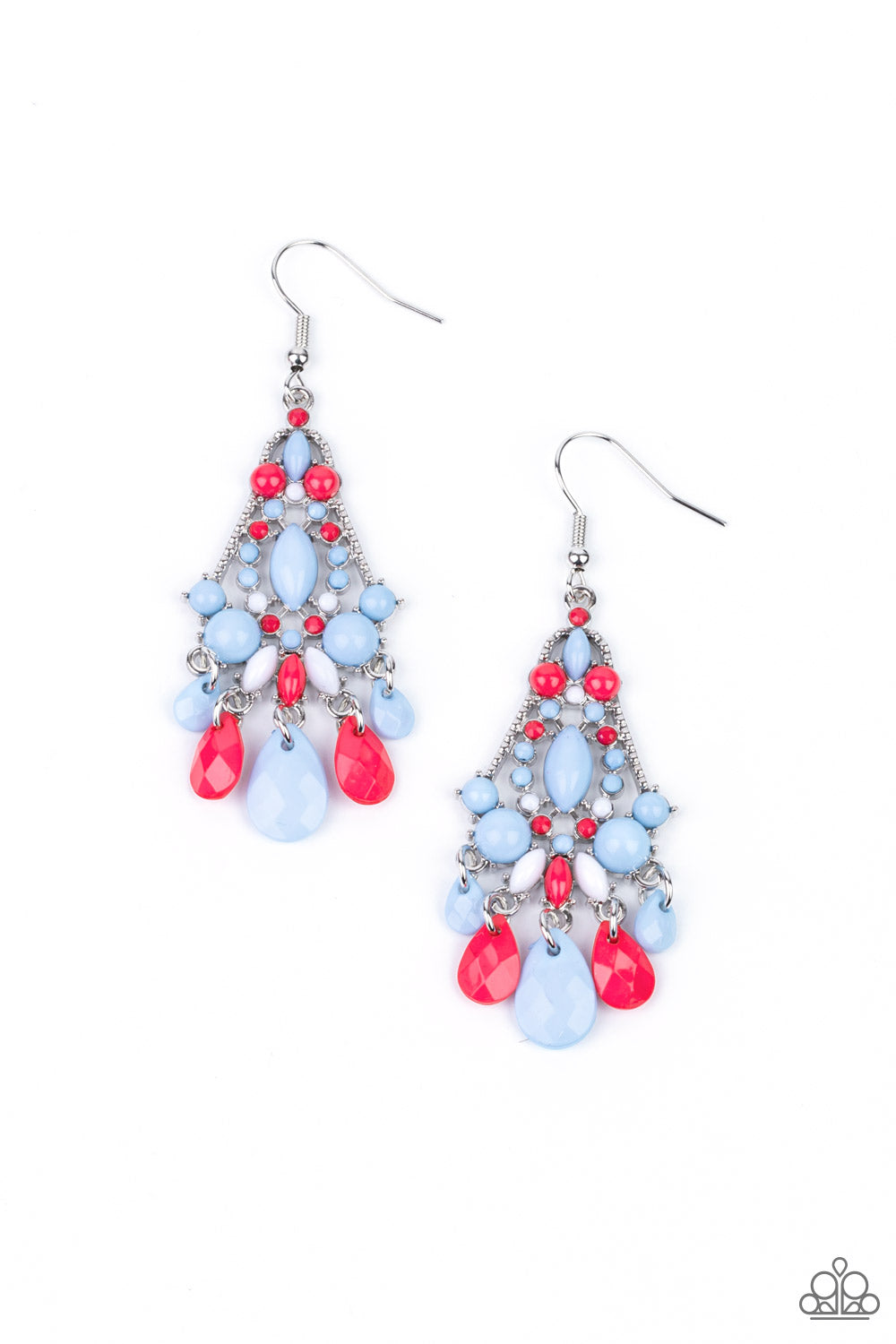 Paparazzi Accessories STAYCATION Home - Multi Earrings  an array of bubbly Cerulean, white, and Raspberry Sorbet beads decoratively adorn the front of a studded silver frame. Faceted teardrops drip from the bottom of the colorful frame, creating a whimsical fringe. Earring attaches to a standard fishhook fitting.  Sold as one pair of earrings.