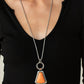Stone Prairies - Orange Stone Necklaces a flared triangular orange stone is pressed into the center of a studded silver frame. A textured ring, dotted with a dainty orange stone, links to the top of the stone creating a dramatically earthy pendant at the bottom of a lengthened round mesh chain. Features an adjustable clasp closure.  Sold as one individual necklace. Includes one pair of matching earrings.  Paparazzi Jewelry is lead and nickel free so it's perfect for sensitive skin too!