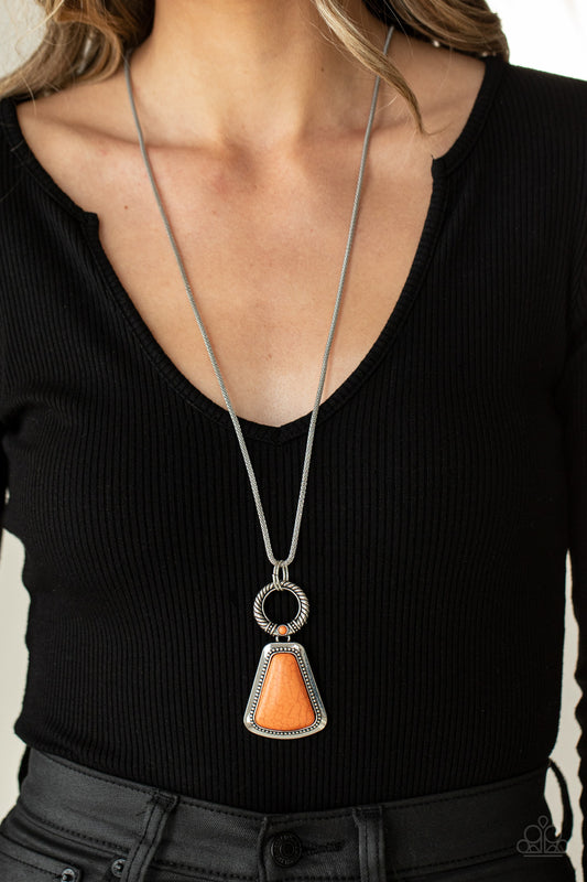 Stone Prairies - Orange Stone Necklaces a flared triangular orange stone is pressed into the center of a studded silver frame. A textured ring, dotted with a dainty orange stone, links to the top of the stone creating a dramatically earthy pendant at the bottom of a lengthened round mesh chain. Features an adjustable clasp closure.  Sold as one individual necklace. Includes one pair of matching earrings.  Paparazzi Jewelry is lead and nickel free so it's perfect for sensitive skin too!