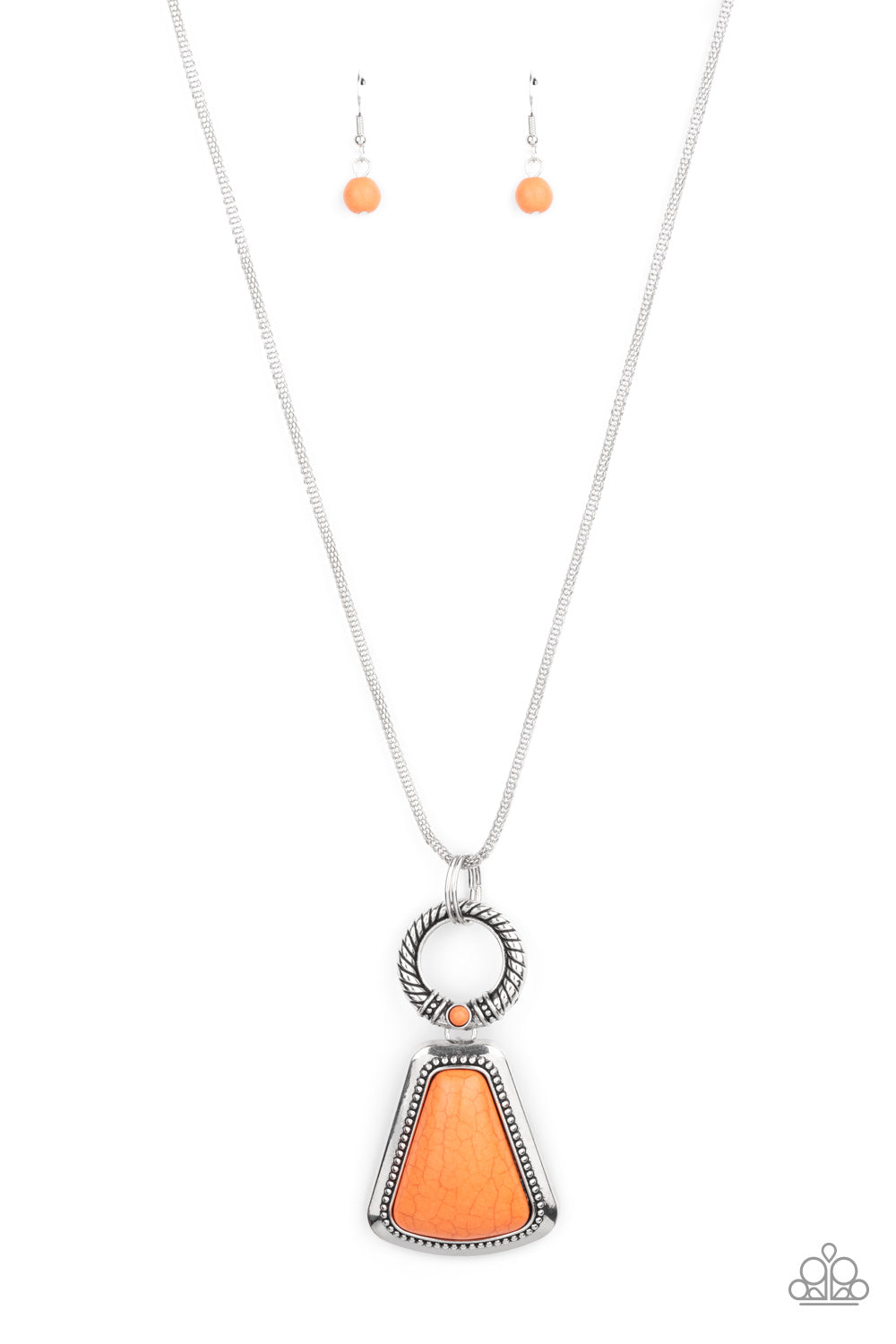 Stone Prairies - Orange Stone Necklaces a flared triangular orange stone is pressed into the center of a studded silver frame. A textured ring, dotted with a dainty orange stone, links to the top of the stone creating a dramatically earthy pendant at the bottom of a lengthened round mesh chain. Features an adjustable clasp closure.  Sold as one individual necklace. Includes one pair of matching earrings.  Paparazzi Jewelry is lead and nickel free so it's perfect for sensitive skin too!