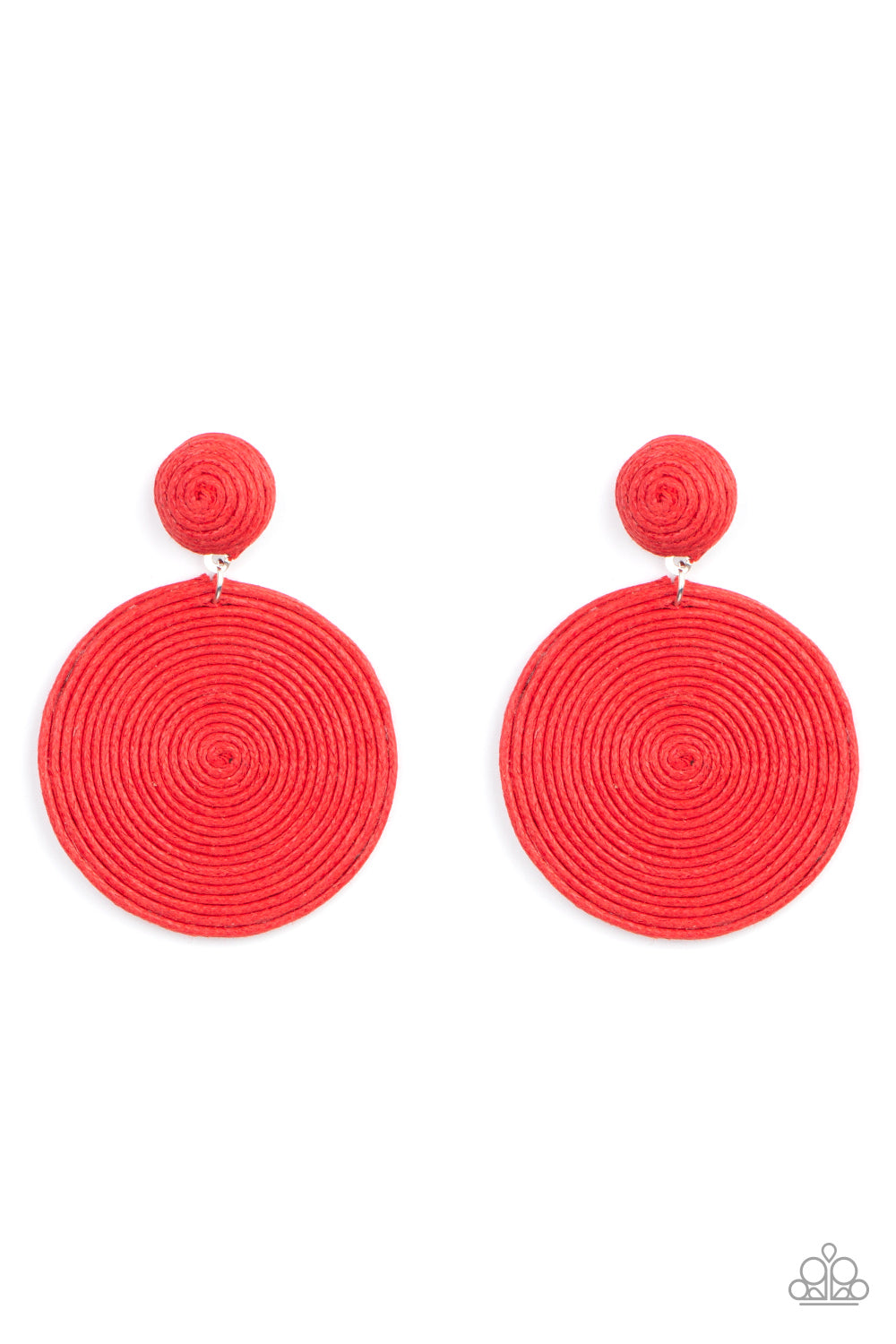 Circulate the Room - Red Thread Button Post Earrings a generous disc of red thread spirals around and around for a dizzying finish as it connects to a red button post. Earring attaches to a standard post fitting.  Sold as one pair of post earrings.  Paparazzi Jewelry is lead and nickel free so it's perfect for sensitive skin too!