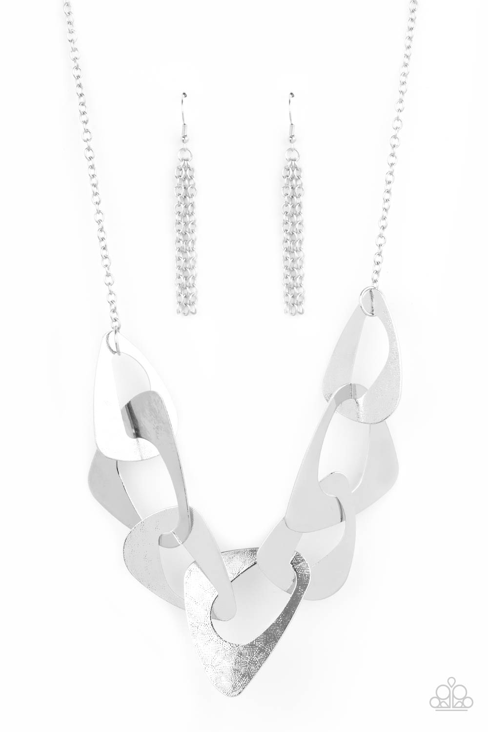 Guide to the Galaxy - Silver Triangular Necklaces - Paparazzi Accessories large triangular cutouts stamped in a lightly dotted texture link below the collar forming a dramatic display of silver slices. Features an adjustable clasp closure.  Sold as one individual necklace. Includes one pair of matching earrings.