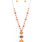 Naturally Essential - Orange Stone Necklaces a dainty collection of Rust stone and rustic wooden beads connects into an earthy chain across the chest. Featuring sleek silver frames, oval stones and a rectangular wood frame connect into a dramatically stacked seasonal pendant at the bottom of the colorful display. Features an adjustable clasp closure.  Sold as one individual necklace. Includes one pair of matching earrings.  Paparazzi Jewelry is lead and nickel free so it's perfect for sensitive skin too!