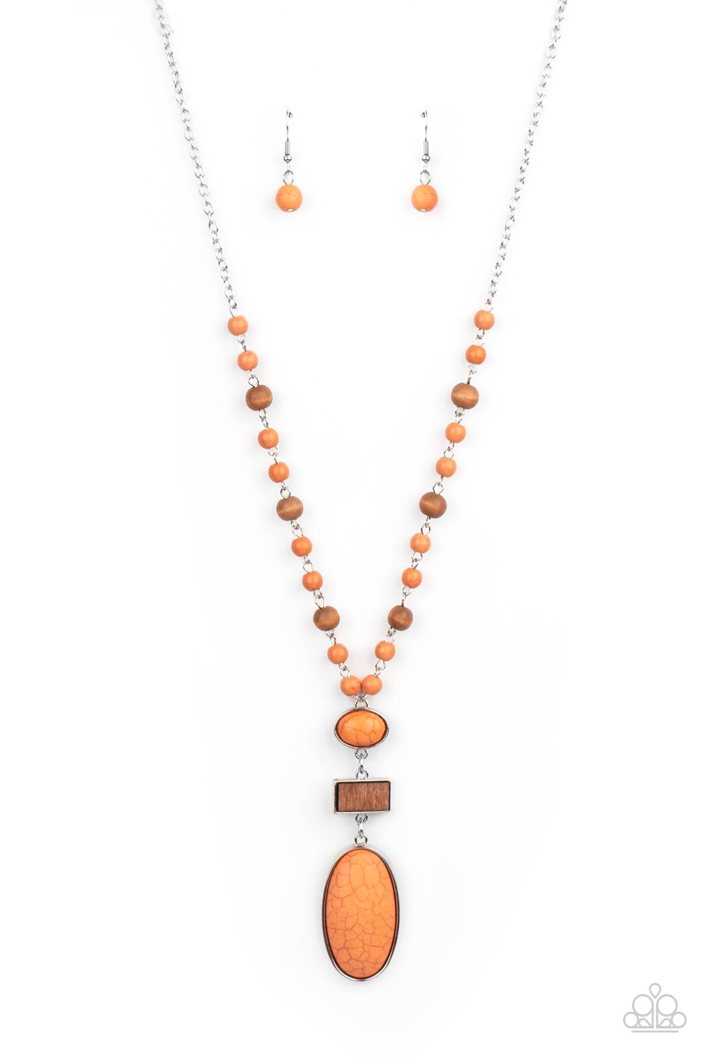 Naturally Essential - Orange Stone Necklaces a dainty collection of Rust stone and rustic wooden beads connects into an earthy chain across the chest. Featuring sleek silver frames, oval stones and a rectangular wood frame connect into a dramatically stacked seasonal pendant at the bottom of the colorful display. Features an adjustable clasp closure.  Sold as one individual necklace. Includes one pair of matching earrings.  Paparazzi Jewelry is lead and nickel free so it's perfect for sensitive skin too!