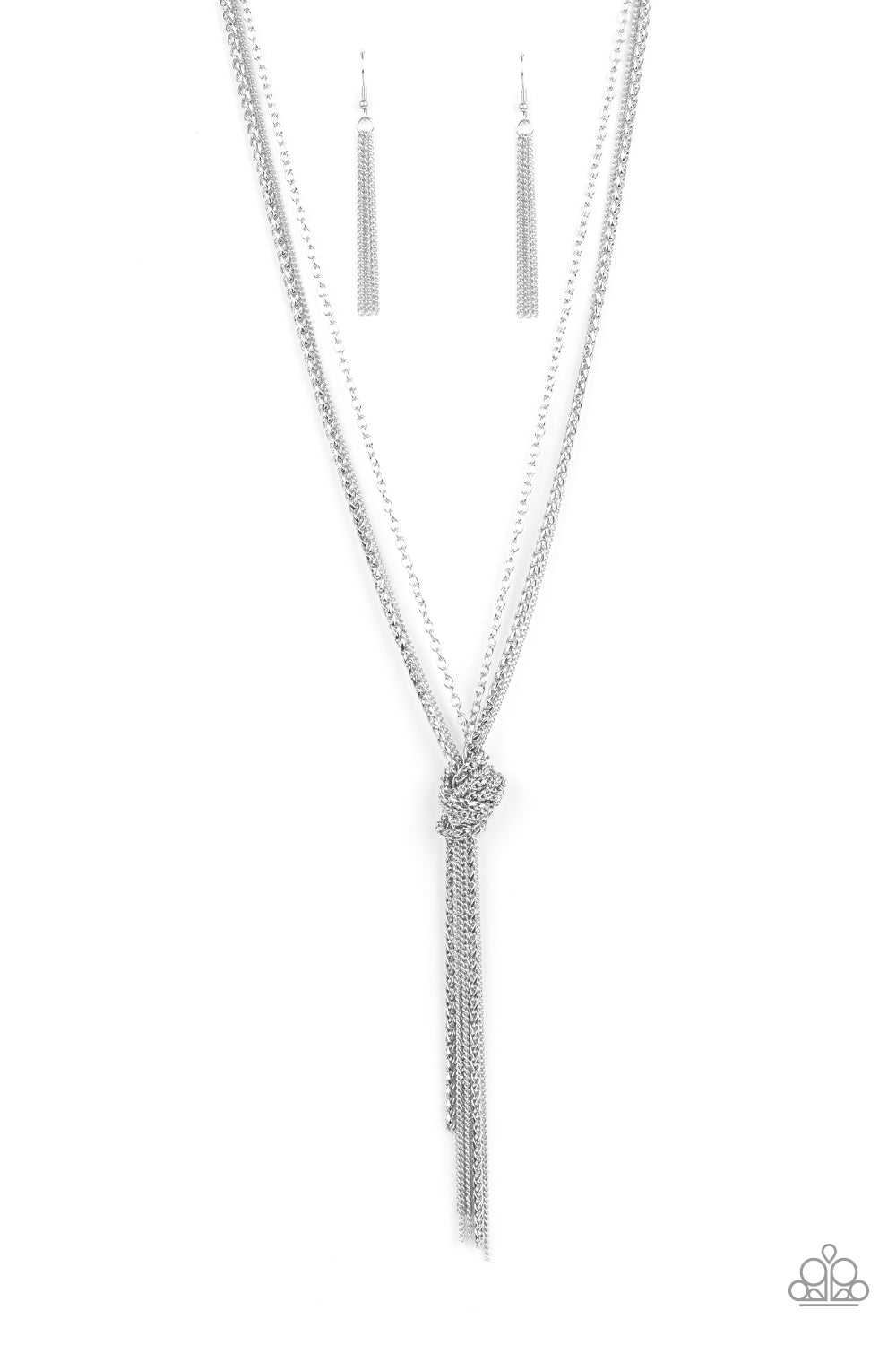 KNOT All There - Silver Tassel Necklaces an edgy collection of mismatched silver chains knot into an intense fringe, adding a bold industrial influence to any outfit. Features an adjustable clasp closure.  Sold as one individual necklace. Includes one pair of matching earrings.