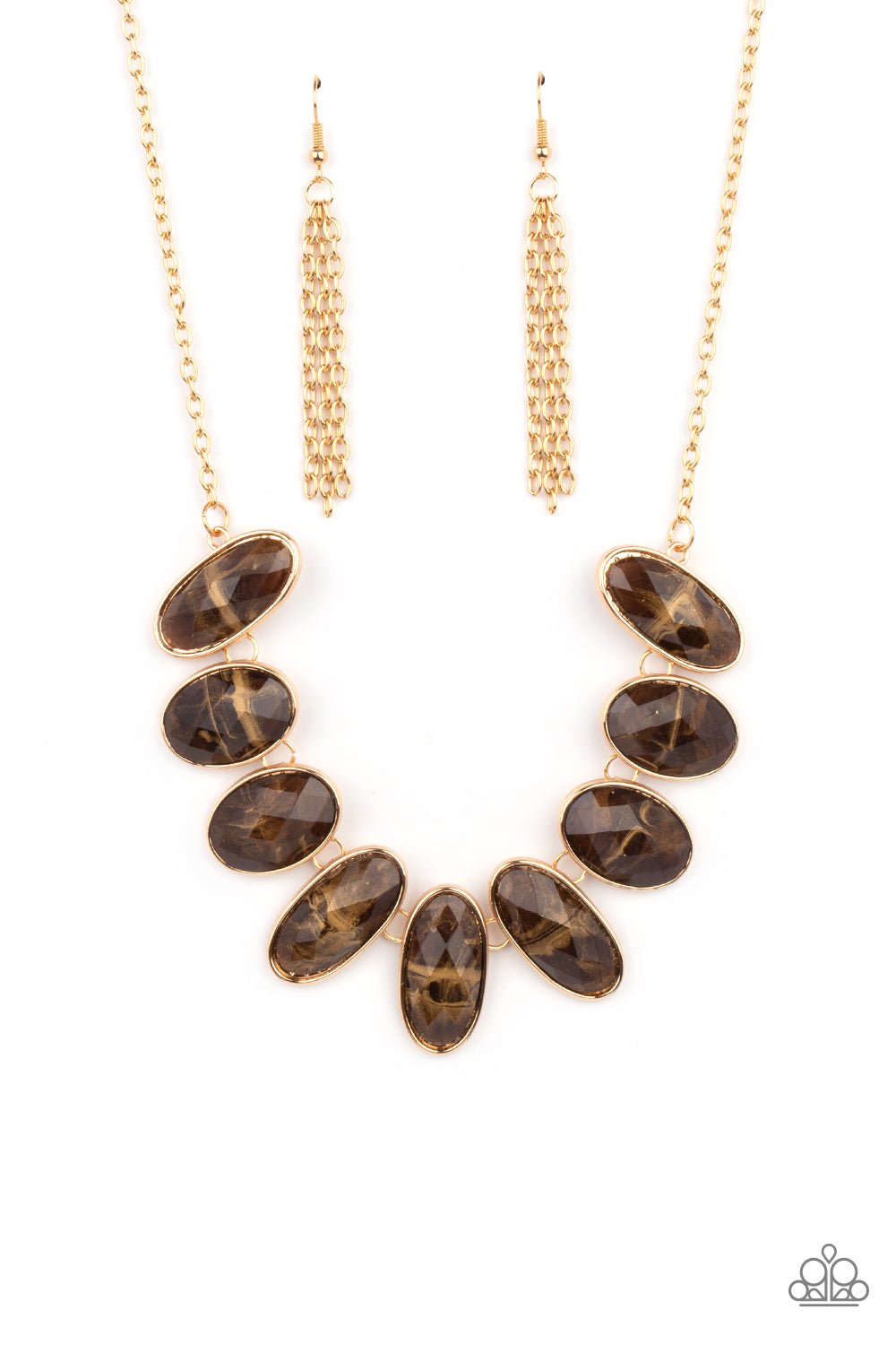 Elliptical Episode - Brown Glossy Gems Necklaces generous glossy brown gems, dusted in shimmery gold, lay in oval gold frames and link across the collar creating a glimmering statement. Features an adjustable clasp closure.  Sold as one individual necklace. Includes one pair of matching earrings.  Paparazzi Jewelry is lead and nickel free so it's perfect for sensitive skin too!