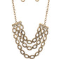 Repeat After Me - Brass Necklaces three rows of antiqued brass chains with oversized hammered oval links attach to brass bars for an edgy display below the collar. Features an adjustable clasp closure.  Sold as one individual necklace. Includes one pair of matching earrings.  Paparazzi Jewelry is lead and nickel free so it's perfect for sensitive skin too!