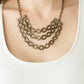 Repeat After Me - Brass Necklaces three rows of antiqued brass chains with oversized hammered oval links attach to brass bars for an edgy display below the collar. Features an adjustable clasp closure.  Sold as one individual necklace. Includes one pair of matching earrings.  Paparazzi Jewelry is lead and nickel free so it's perfect for sensitive skin too!
