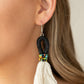 The Dustup - Black Earrings a tassel of soft white cotton fans out under rows of brightly colored seed beads. Anchored by a loop of jet black floss, the eye-catching style swings from the ear for a show-stopping statement. Earring attaches to a standard fishhook fitting.  Sold as one pair of earrings.  Paparazzi Jewelry is lead and nickel free so it's perfect for sensitive skin too!