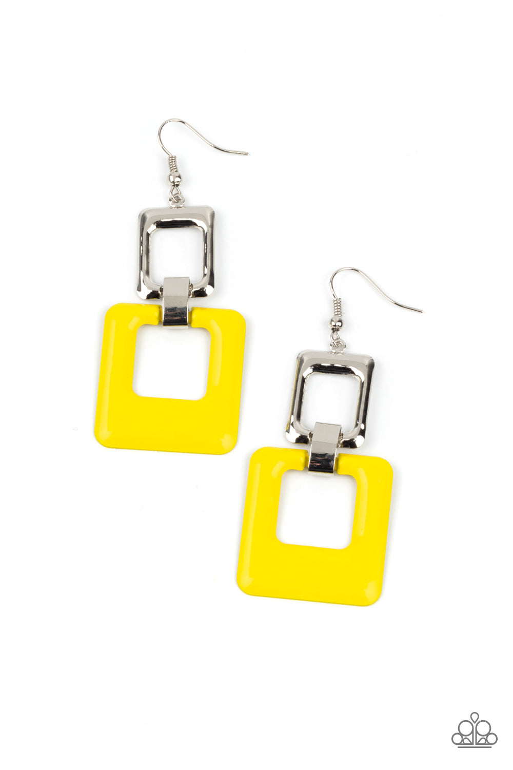 Paparazzi Accessories Twice as Nice - Yellow Fishhook Earrings a cutout square painted in the bold Pantone® of Illuminating sways from a shiny silver cutout square for a playful finish. Earring attaches to a standard fishhook fitting.
