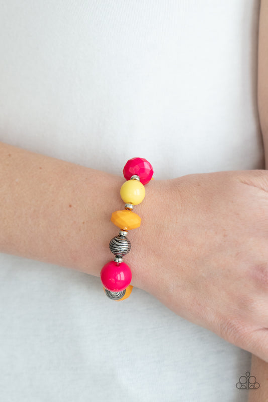 Daytrip Discovery - Multi Bracelets a collection of brightly colored Raspberry Sorbet, Marigold, and Primrose beads in smooth round and faceted shapes, are threaded along a stretchy band. Accents of silver beads etched in linear designs adds a down to earth finish to the whimsical bracelet.  Sold as one individual bracelet.  Paparazzi Jewelry is lead and nickel free so it's perfect for sensitive skin too!