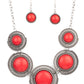She Went West - Red Stone Necklaces - Paparazzi Accessories bright red stones, pressed into round antiqued silver frames featuring dot and interlinking loop motifs, create a dramatically rustic statement as they link across the collar. Features an adjustable clasp closure.