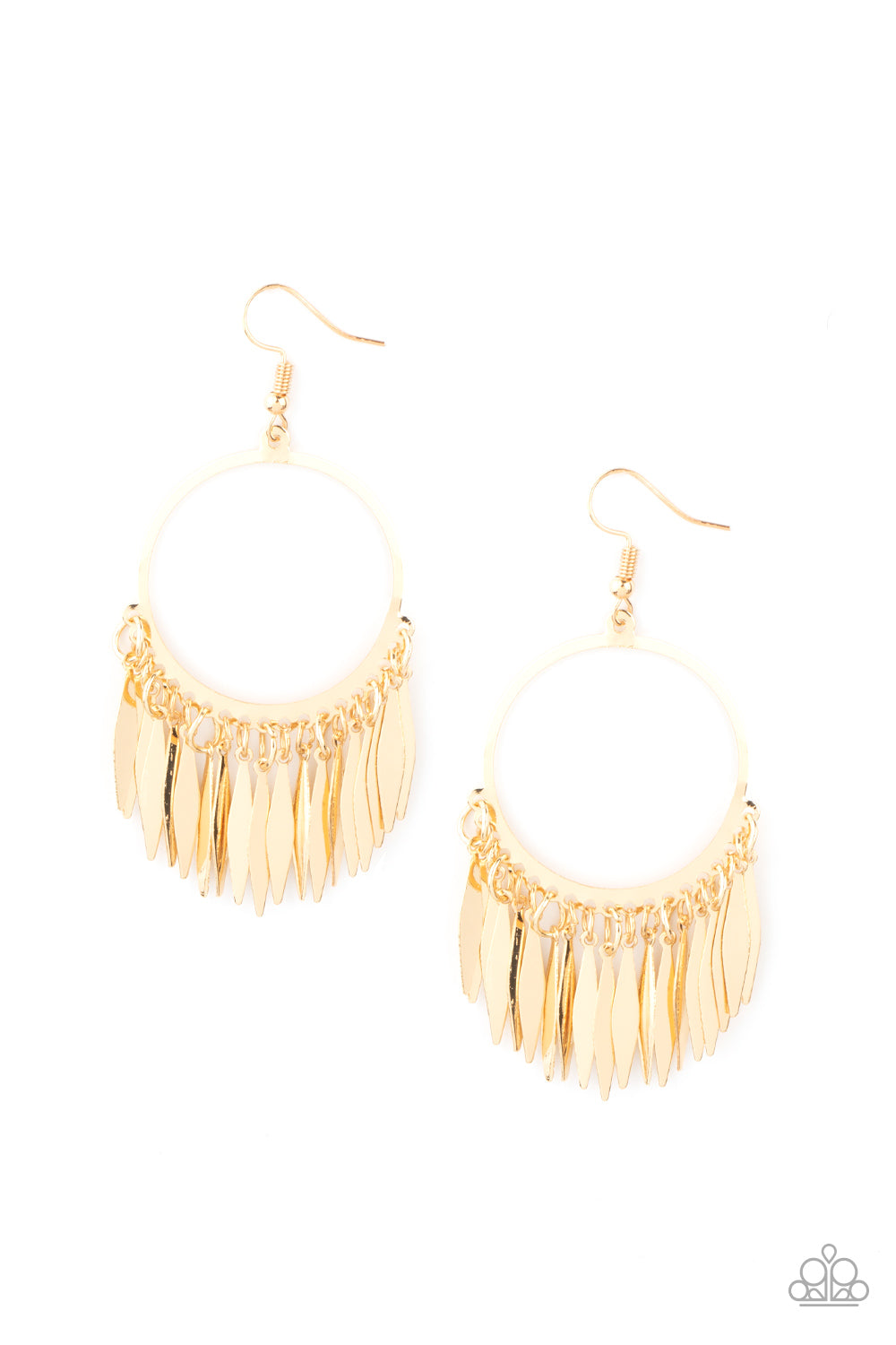 Paparazzi Accessories Radiant Chimes - Gold Fishhook Earrings flared flat bars stream out from the bottom of a glistening gold hoop, creating a radiant fringe. Earring attaches to a standard fishhook fitting.