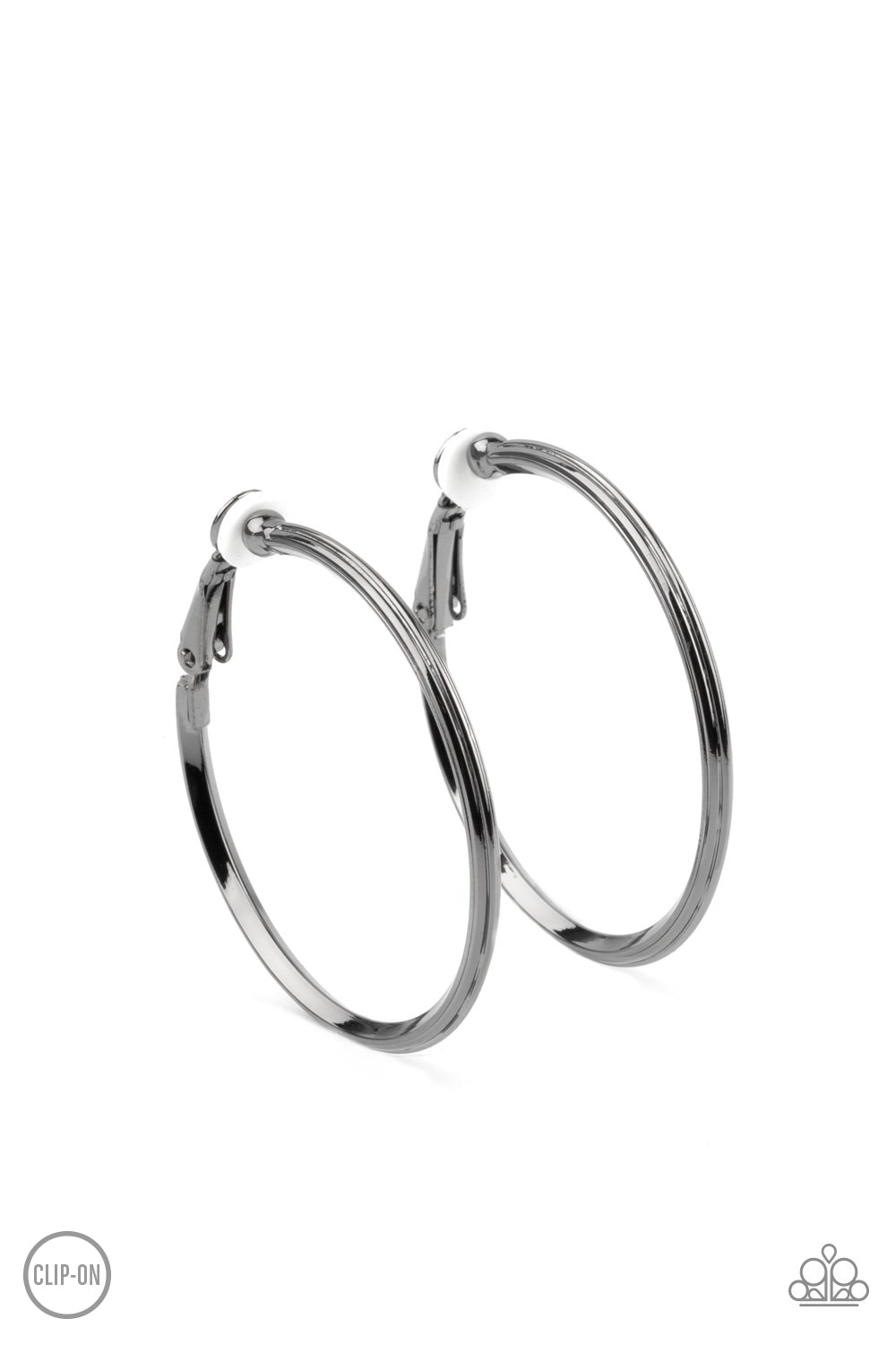 City Classic - Black Clip-On Hoop Earrings etched in fine lines, a beveled gunmetal hoop curls around the ear for a classic look. Hoop measures approximately 1 1/2" in diameter. Earring attaches to a standard clip-on fitting.