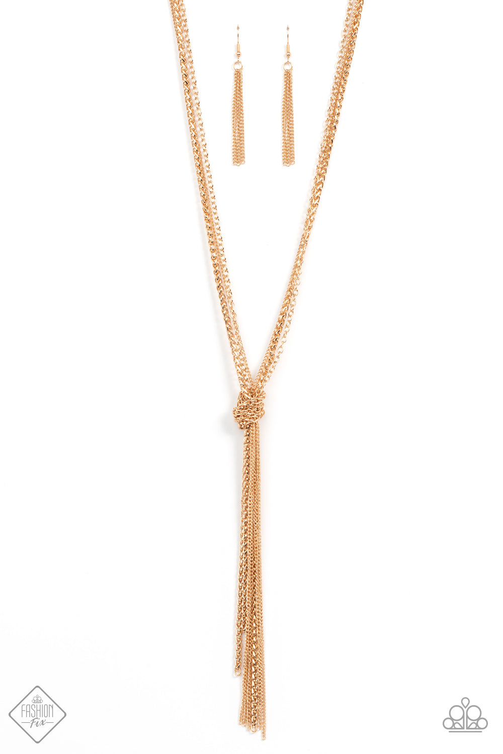 Knot All There - Gold Tassel Necklaces strands of long glistening gold chains in round, delicate, and classic styles are pulled together in a sassy knot creating a show-stopping fringe tassel and a flirty finish. Features an adjustable clasp closure.  Sold as one individual necklace. Includes one pair of matching earrings.  Paparazzi Jewelry is lead and nickel free so it's perfect for sensitive skin too!