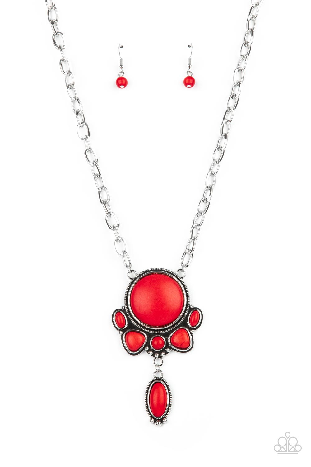 Paparazzi Accessories Geographically Gorgeous - Red Necklaces a large red stone encased in a studded silver frame swings dramatically from a heavy silver chain with oversized links. A collection of red stones wraps around the bottom of the large pendant, with an elongated oval stone swaying below them. Features an adjustable clasp closure.  Sold as one individual necklace. Includes one pair of matching earrings.  Paparazzi Jewelry is lead and nickel free so it's perfect for sensitive skin too!