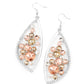 Paparazzi Accessories Sweetly Effervescent - Multi Fishhook Earrings a bubbly collection of peach, white, and golden rhinestones coalesce inside an asymmetrical silver frame. One side of the frame is encrusted in glassy white rhinestones, adding a refined flair to the bubbly lure. Earring attaches to a standard fishhook fitting.
