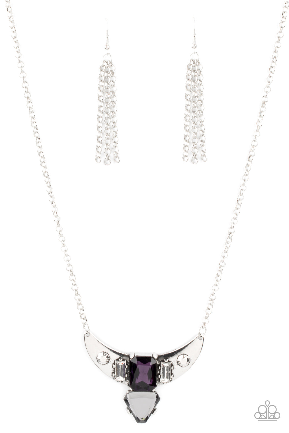 You the TALISMAN! - Purple Necklaces pairs of faceted silver beads and glassy white emerald cut gems flank an oversized emerald cut purple gem atop an antiqued silver half moon frame. A smoky triangular cut gem adorns the bottom of the pendant, creating a twinkly talisman at the bottom of a classic silver chain. Features an adjustable clasp closure. Includes one pair of matching earrings.  Paparazzi Jewelry is lead and nickel free so it's perfect for sensitive skin too!