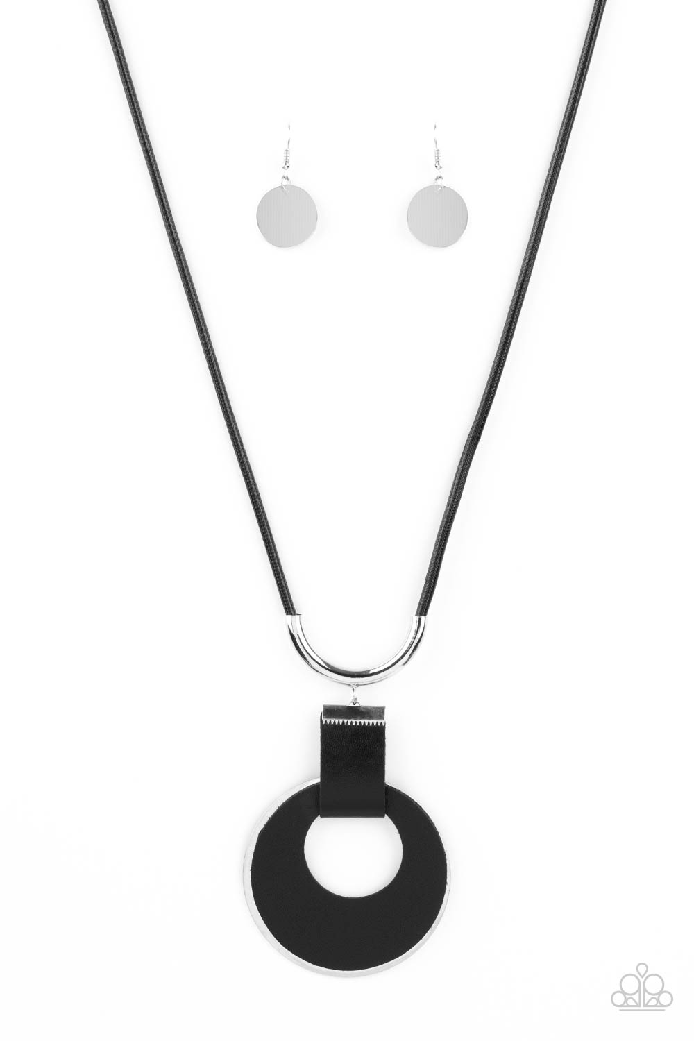 Luxe Crush - Black Leather Disc Necklaces a large cutout silver disc, overlaid with black leather, is cradled in a wide black leather strap. The luxe pendant sways from a U-shaped silver cylinder threaded along the end of a lengthened polished black cord for an indulgently lavish finish. Features a sliding bead closure.  Sold as one individual necklace. Includes one pair of matching earrings.  Paparazzi Jewelry is lead and nickel free so it's perfect for sensitive skin too!