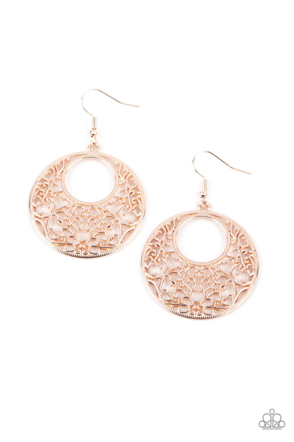 Vineyard Romance - Rose Gold Filigree Earrings shimmery vine-like rose gold filigree climbs the inside of a studded circular frame, creating a whimsical centerpiece. Earring attaches to a standard fishhook fitting.  Sold as one pair of earrings.