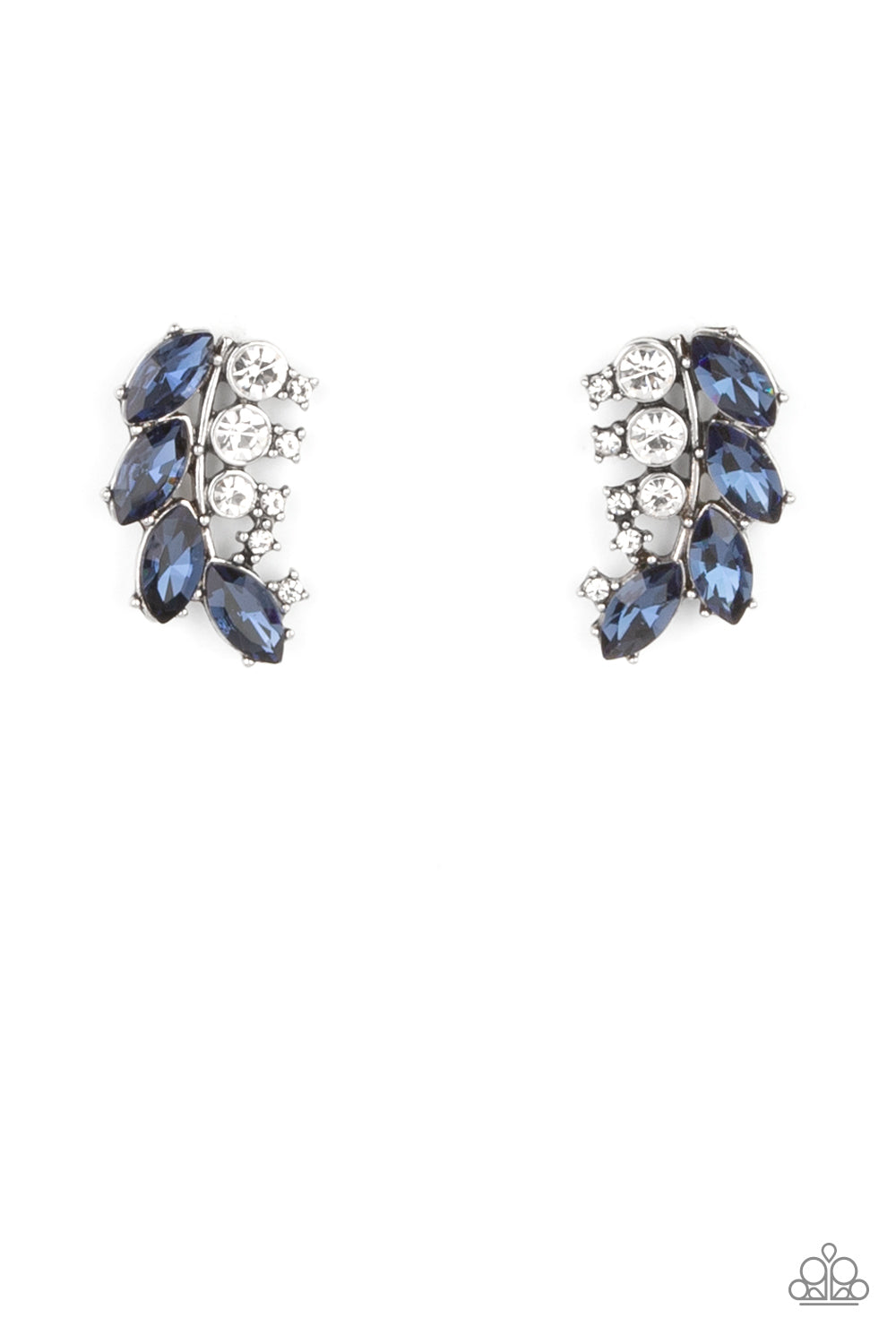 Flawless Fronds - Blue Rhinestone Post Earrings - Paparazzi Accessories a frond of dazzling blue marquise and round white rhinestones delicately curves below the ear for a flawless finish. Earring attaches to a standard post fitting.  Sold as one pair of post earrings.