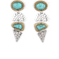 Earthy Extravagance - Multi Turquoise Stone Earrings - Paparazzi Accessories dotted with oval and triangular turquoise stone accents, mismatched brass frames alternate with hammered geometric silver plates, creating an earthy lure. Earring attaches to a standard post fitting.  Sold as one pair of post earrings.