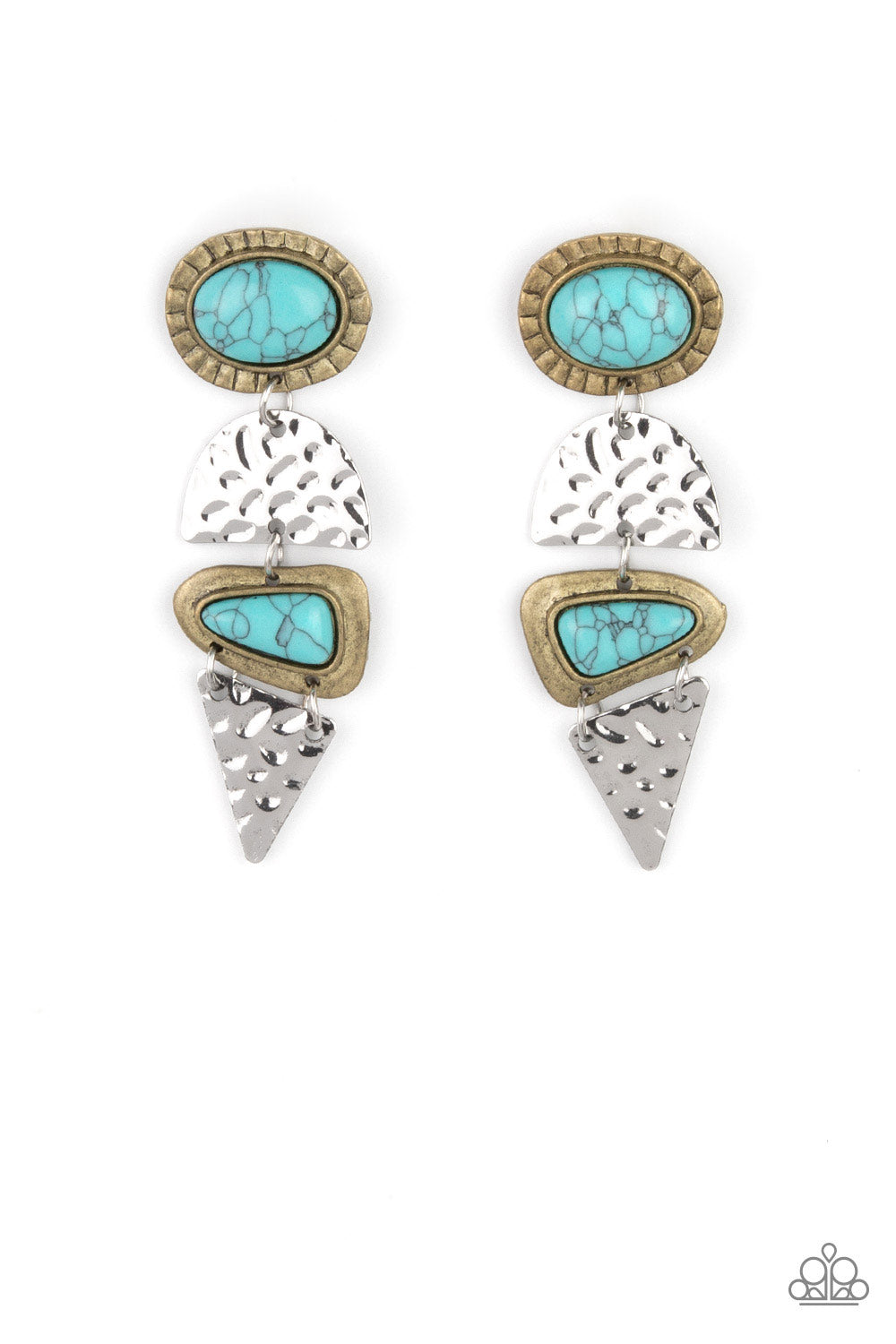 Earthy Extravagance - Multi Turquoise Stone Earrings - Paparazzi Accessories dotted with oval and triangular turquoise stone accents, mismatched brass frames alternate with hammered geometric silver plates, creating an earthy lure. Earring attaches to a standard post fitting.  Sold as one pair of post earrings.