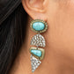 Earthy Extravagance - Multi Turquoise Stone Earrings - Paparazzi Accessories dotted with oval and triangular turquoise stone accents, mismatched brass frames alternate with hammered geometric silver plates, creating an earthy lure. Earring attaches to a standard post fitting.  Sold as one pair of post earrings.