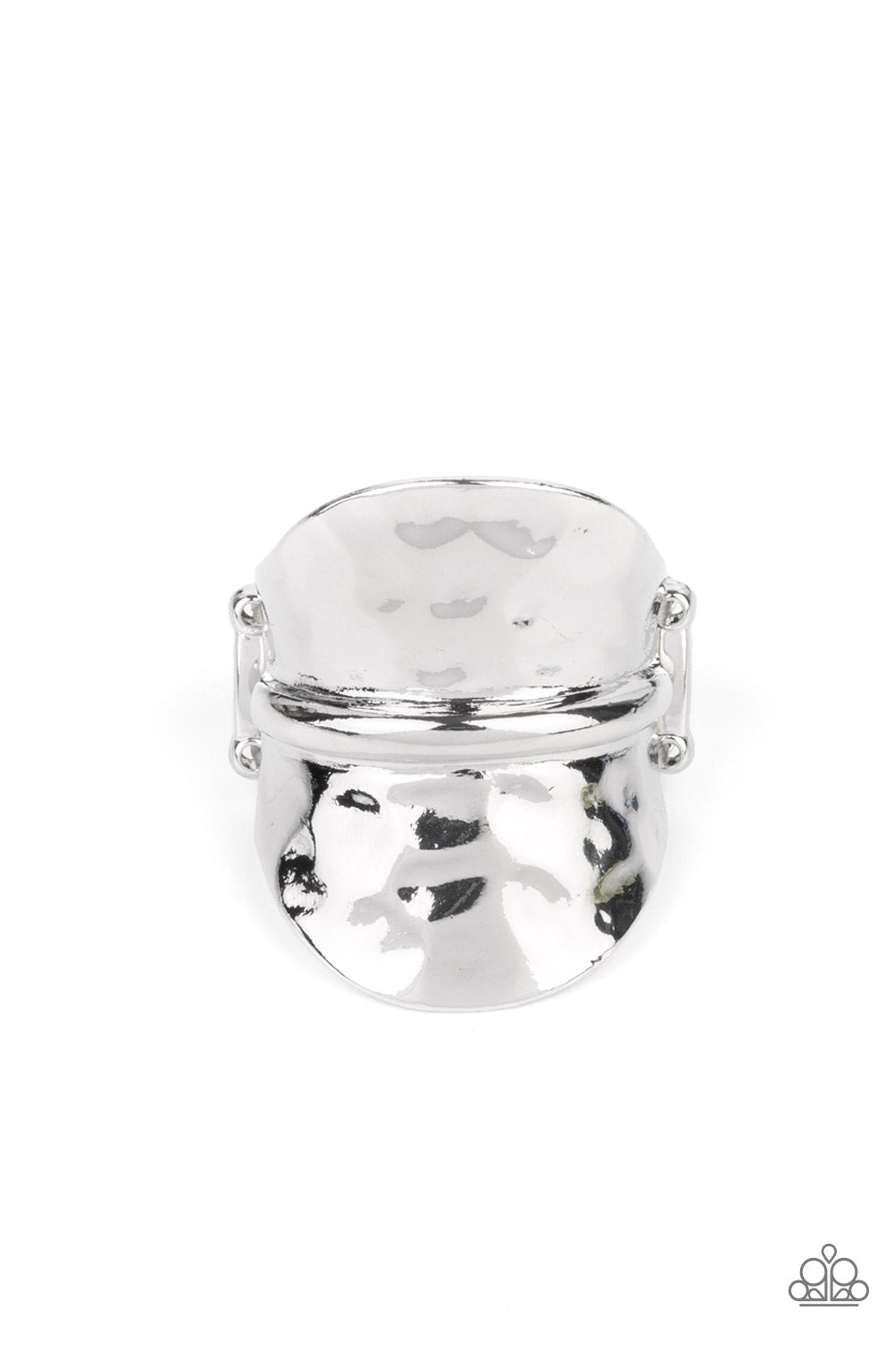 Paparazzi Accessories High Stakes Gleam - Silver Rings featuring a high sheen, a hammered silver disc, divided in half by a raised spine, floats up on each end for a gleaming high stakes finish. Features a stretchy band for a flexible fit.