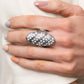 Galactic Glitz - White Ring rows of glassy white rhinestones slant across a stretched oval frame dotted in silver studs, creating a dramatic centerpiece atop the finger. Features a stretchy band for a flexible fit.  Sold as one individual ring.  Paparazzi Jewelry is lead and nickel free so it's perfect for sensitive skin too!