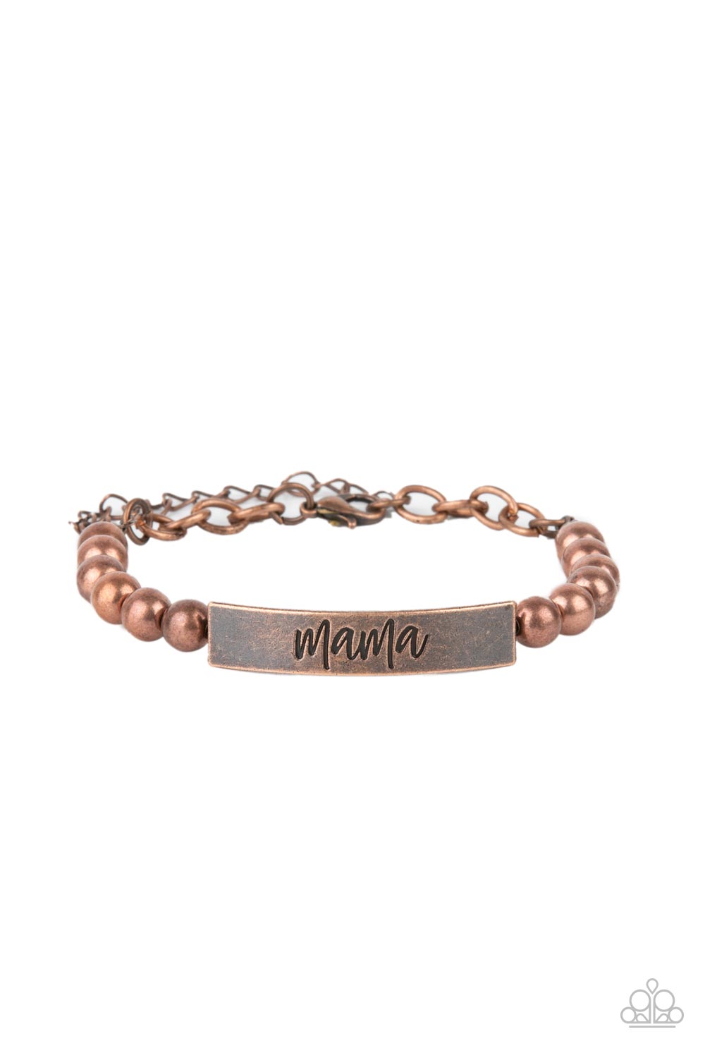 Mom Squad - Copper Bead Bracelets stamped in the word, "Mama," a curved copper plate attaches to strands of copper beads threaded along invisible wire around the wrist, creating a sentimental centerpiece. Features an adjustable clasp closure.  Sold as one individual bracelet.
