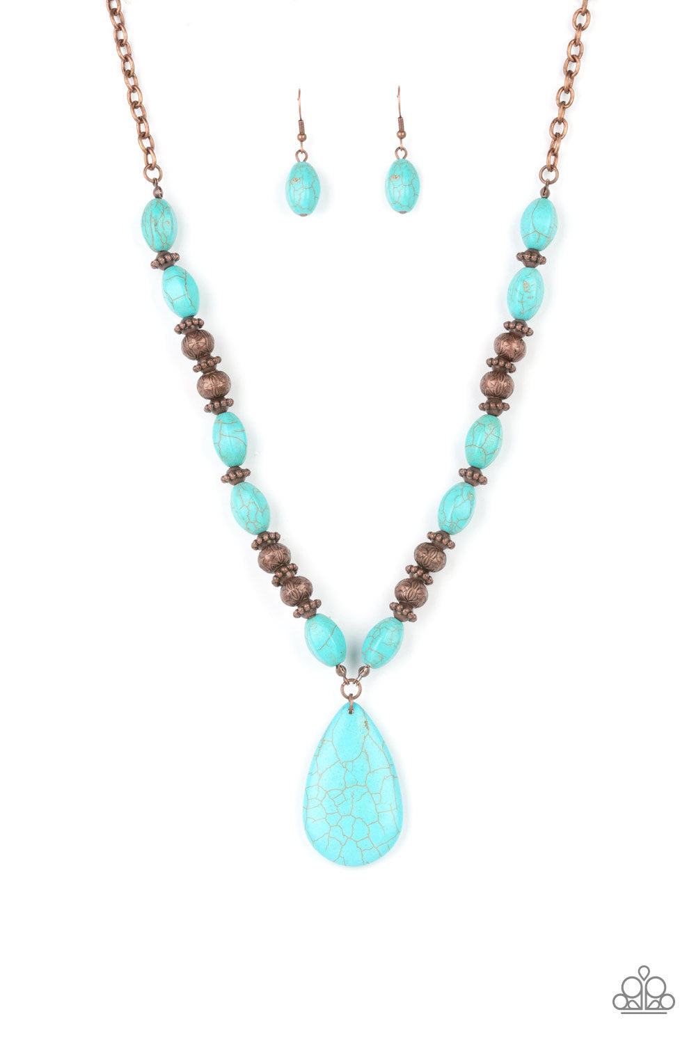 Blazing Saddles - Copper Turquoise Stone Necklaces - Paparazzi Accessories faceted oval turquoise stones, studded copper accents, and floral stamped copper beads are threaded along an invisible wire that attaches to a classic copper chain. An oversized turquoise teardrop stone swings from the bottom of the beaded strand, creating an earthy pendant below the collar. Features an adjustable clasp closure.