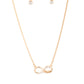Forever Your Mom - Gold Infinity Necklaces a bright gold infinity symbol features the word "Mother" in filigree script across the bottom. A row of sparkly dainty rhinestones travels across the curve creating a lovingly charming sentiment as it connects to a dainty gold chain below the collar. Features an adjustable clasp closure.  Sold as one individual necklace. Includes one pair of matching earrings.