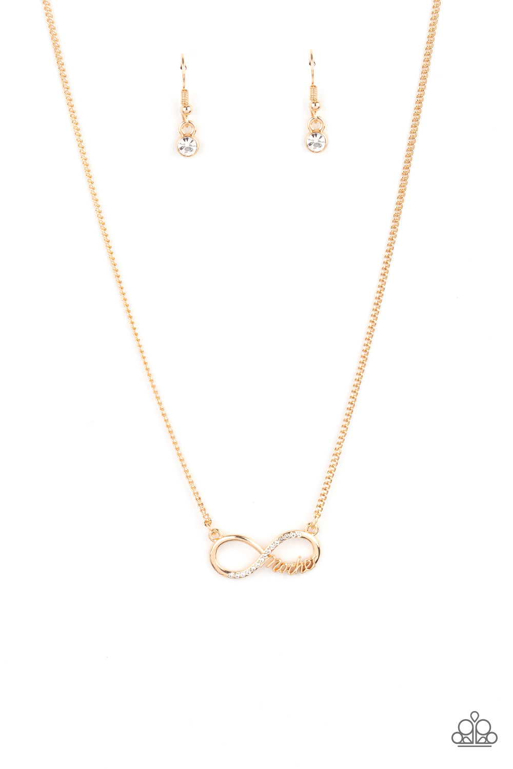 Forever Your Mom - Gold Infinity Necklaces a bright gold infinity symbol features the word "Mother" in filigree script across the bottom. A row of sparkly dainty rhinestones travels across the curve creating a lovingly charming sentiment as it connects to a dainty gold chain below the collar. Features an adjustable clasp closure.  Sold as one individual necklace. Includes one pair of matching earrings.