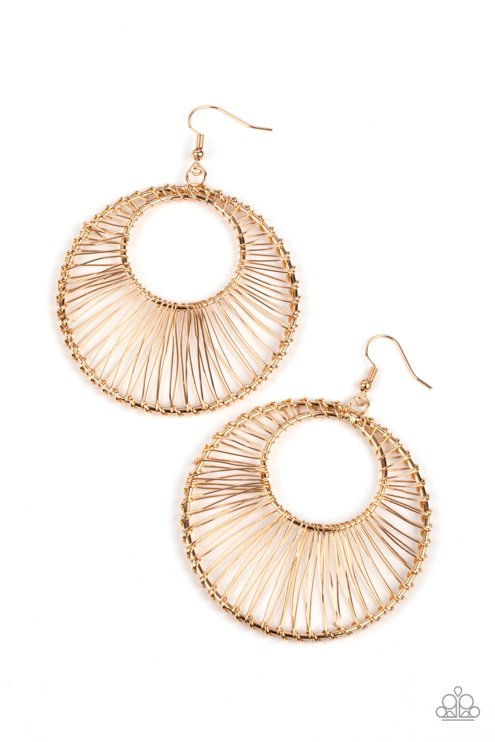 Paparazzi Accessories Artisan Applique - Gold Earrings glistening gold wire wraps around two gold hoops, creating an airy crescent shaped frame for an artisan inspired fashion. Earring attaches to a standard fishhook fitting.  Sold as one pair of earrings.