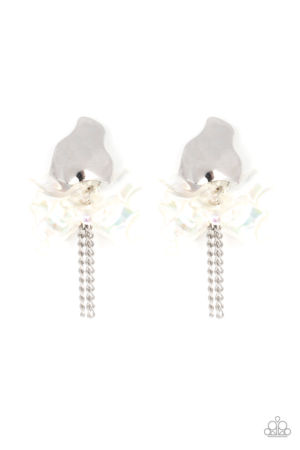 Paparazzi Accessories Harmonically Holographic - White Earrings dainty silver chains stream out from the bottom of iridescent acrylic petal-like frames that attach to an asymmetrical silver frame, creating an enchanting cluster. Earring attaches to a standard post fitting.