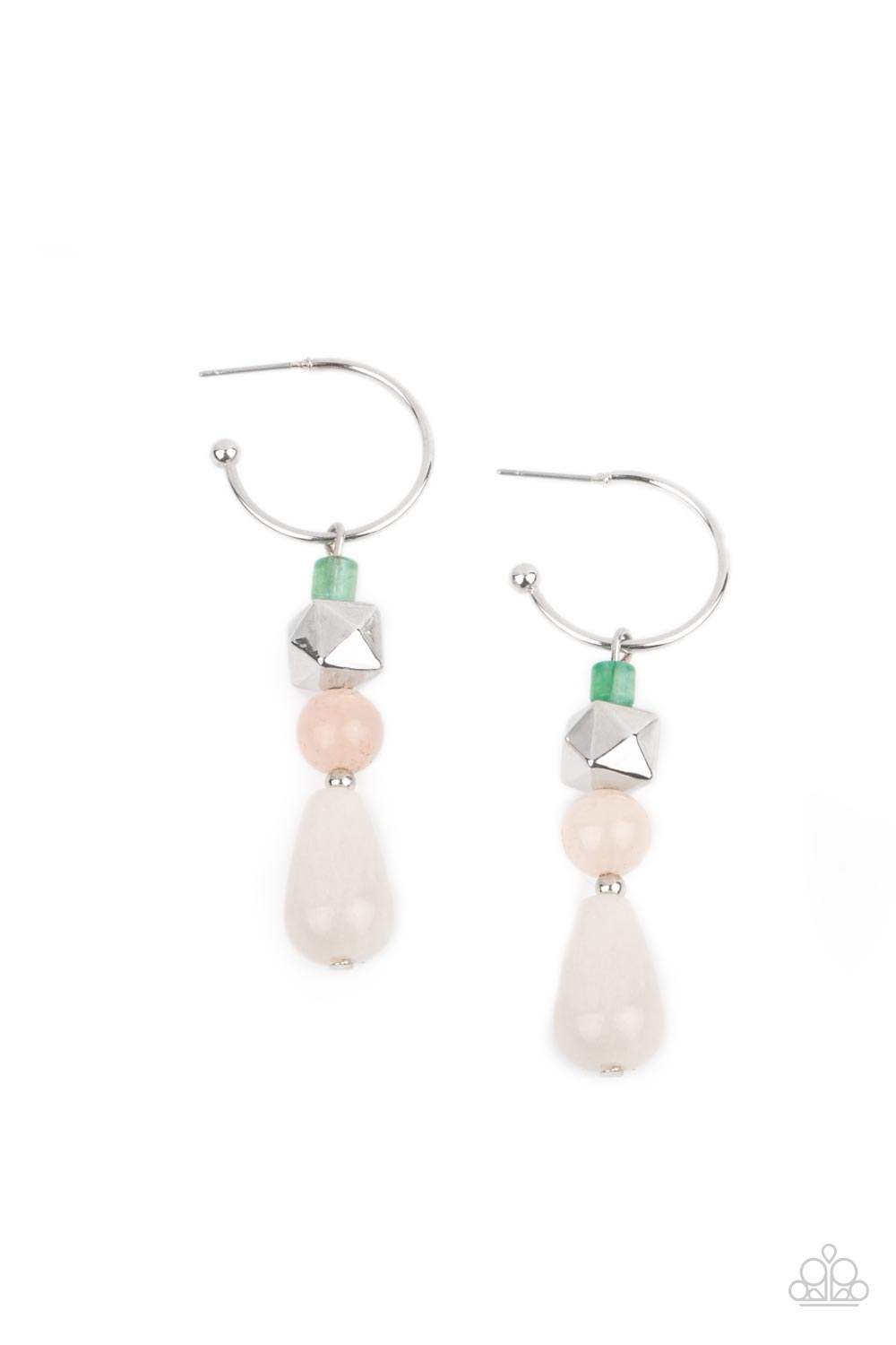Boulevard Stroll - Multi Square Bead Earrings a charismatic collection of jade, pink, and white stone beads, accented with a silver faceted square bead, are threaded onto a silver pin which dangles from a dainty silver hoop. Earring attaches to a standard post fitting. Hoop measures approximately 3/4" in diameter.  Sold as one pair of hoop earrings.