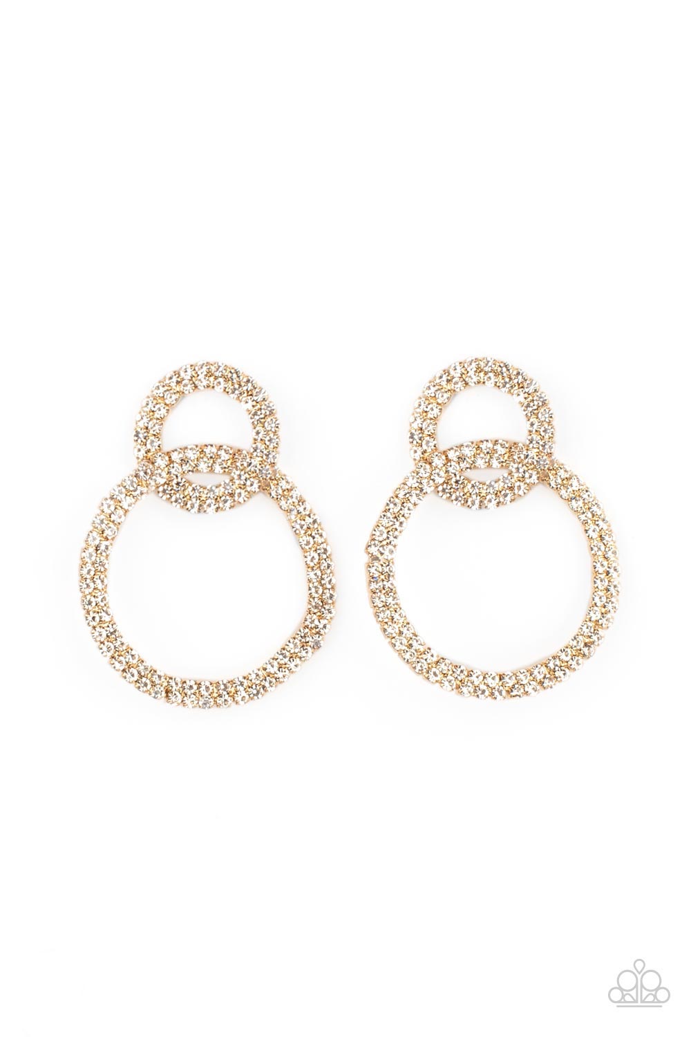 Paparazzi Intensely Icy - Gold Rhinestone Earrings rows of sparkly white rhinestones encircle into two interconnected hoops, creating a jaw-dropping lure. Earring attaches to a standard post fitting.  Sold as one pair of post earrings.