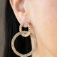 Paparazzi Intensely Icy - Gold Rhinestone Earrings rows of sparkly white rhinestones encircle into two interconnected hoops, creating a jaw-dropping lure. Earring attaches to a standard post fitting.  Sold as one pair of post earrings.