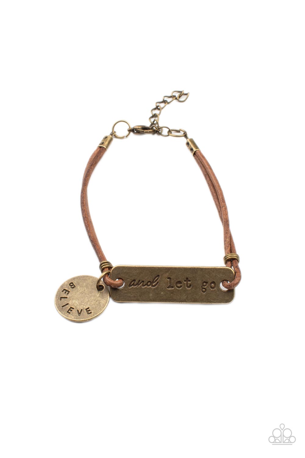 Believe and Let Go - Brass Urban Motivational Bracelets an antiqued disc stamped in the word, "believe" and a brass plate stamped in the phrase, "and let go," are knotted in place around the wrist with layers of brown suede cording, creating a motivational centerpiece. Features an adjustable clasp closure.