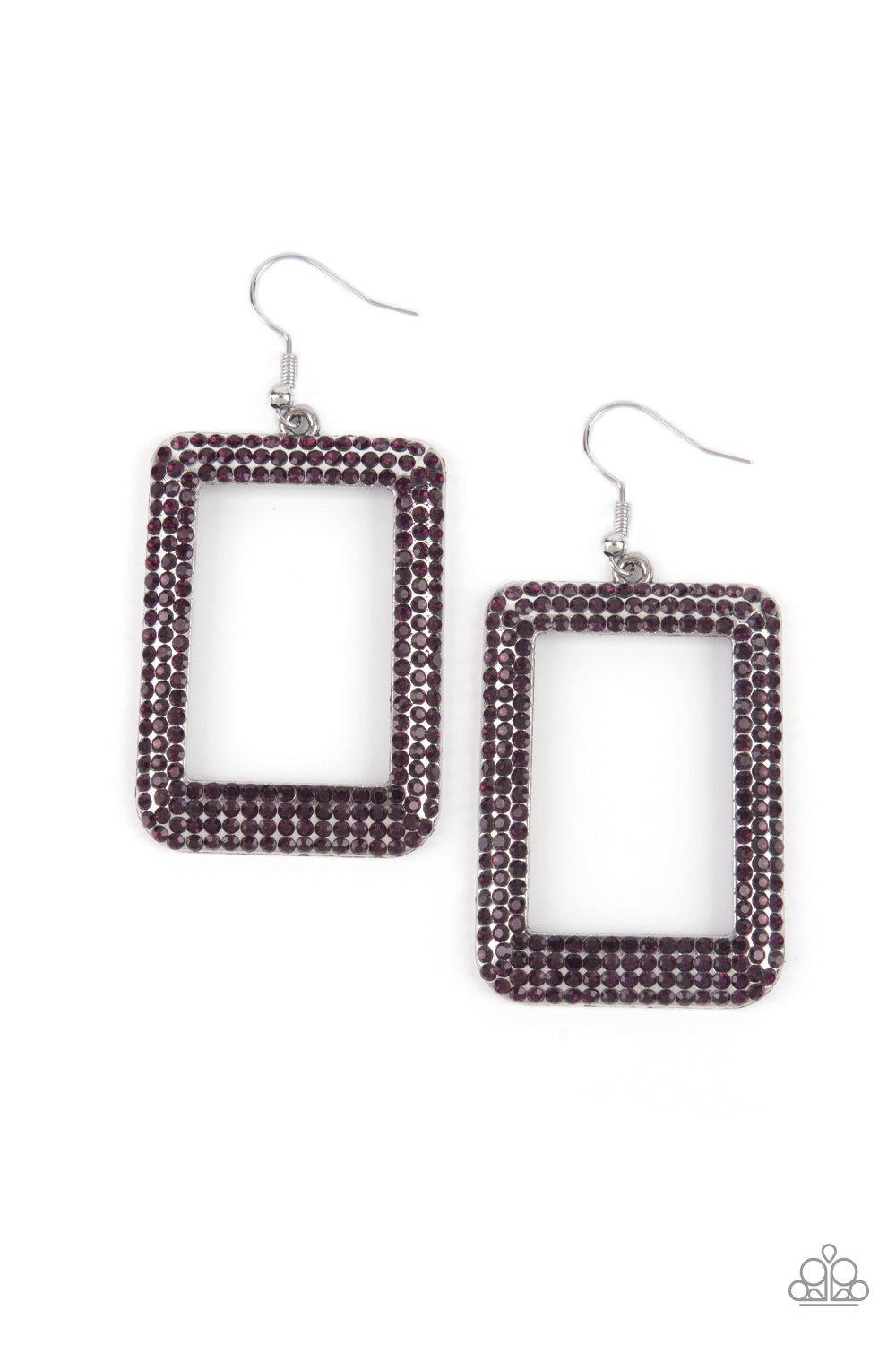 Paparazzi Accessories World FRAME-ous - Purple Fishhook Earrings bordered in rows of glittery purple rhinestones, an oversized silver rectangular frame swings from the ear for a fashionable finish. Earring attaches to a standard fishhook fitting.