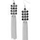 Tasteful Tassel - Black Rhinestone Earrings - Paparazzi Accessories encased in sleek silver fittings, rows of glittery black rhinestones stack into a sparkly frame. Dainty silver chains stream from the bottom of the dazzling frame, adding flirtatious movement to the timelessly tasseled display. Earring attaches to a standard fishhook fitting.