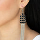 Tasteful Tassel - Black Rhinestone Earrings - Paparazzi Accessories encased in sleek silver fittings, rows of glittery black rhinestones stack into a sparkly frame. Dainty silver chains stream from the bottom of the dazzling frame, adding flirtatious movement to the timelessly tasseled display. Earring attaches to a standard fishhook fitting.