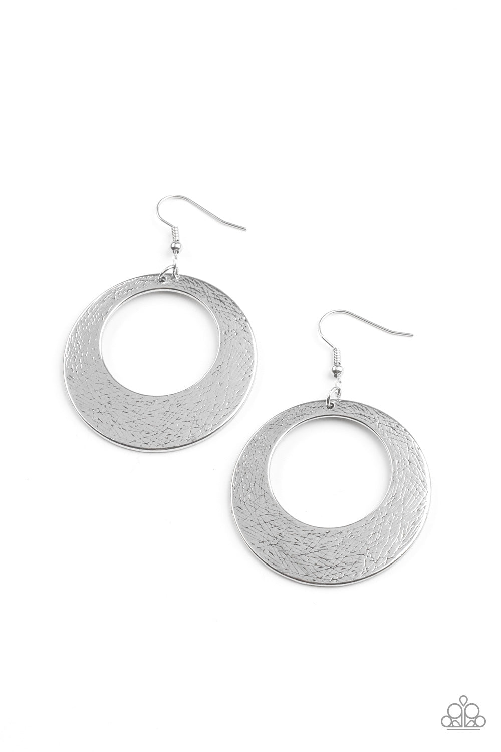 Outer Plains - Silver Round Frame Earrings - Paparazzi Accessories brushed in antiqued shimmer, a round silver frame is scratched in a gritty linear pattern for a rustic fashion. Earring attaches to a standard fishhook fitting.  Sold as one pair of earrings.