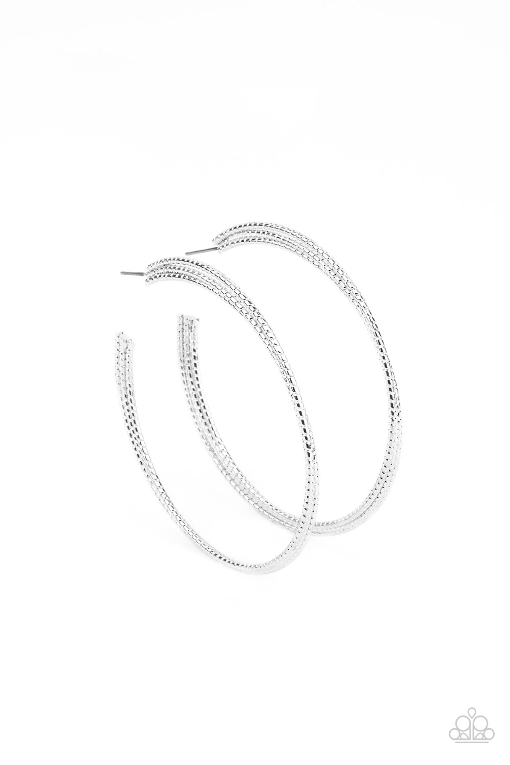 Candescent Curves - Silver Layered Hoops cut in tactile texture, three silver bars delicately stack and curve into a layered hoop for an edgy urban look. Earring attaches to a standard post fitting. Hoop measures approximately 2 1/2" in diameter.  Sold as one pair of hoop earrings.