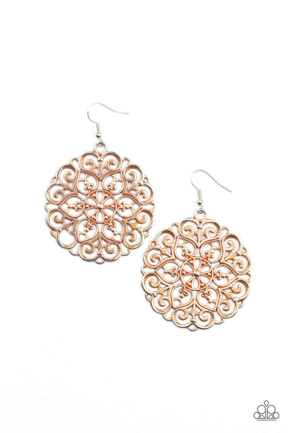Paparazzi MANDALA Effect - Orange Rustic Earrings brushed in a rustic orange finish, an oversized mandala-like silver frame swings from the ear for a seasonal pop of color. Earring attaches to a standard fishhook fitting.  Sold as one pair of earrings.