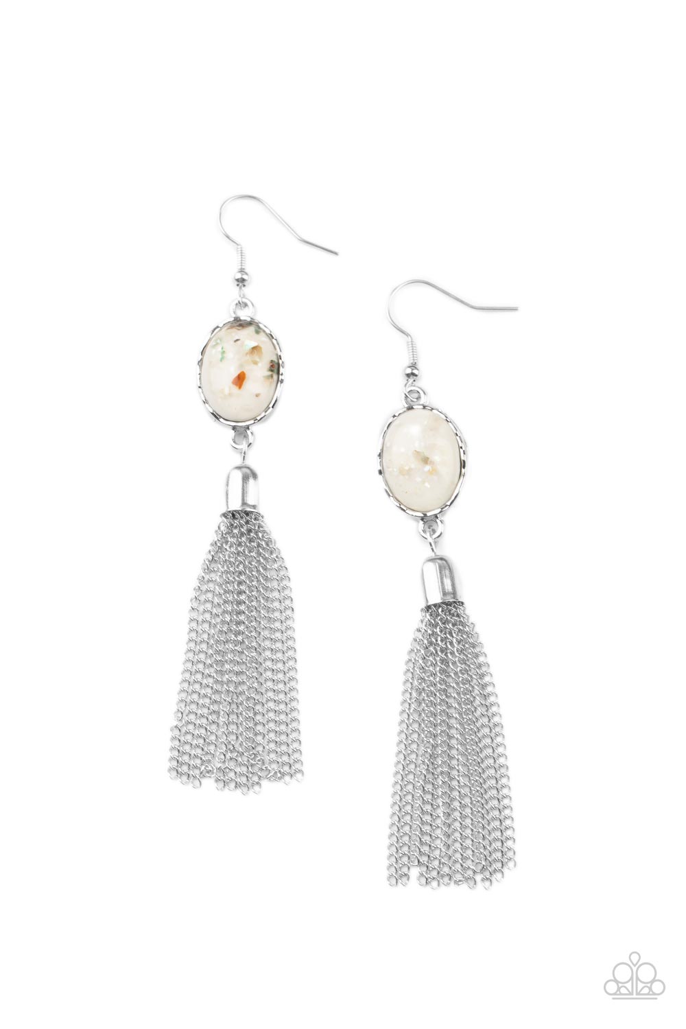 Paparazzi Accessories Oceanic Opalescence - White Earrings flecks of shells are encased in a glassy silver bead that is encased in a hammered silver frame. A silver chain tassel swings from the bottom of the iridescent frame, creating an ethereal display. Earring attaches to a standard fishhook fitting.  Sold as one pair of earrings.  Paparazzi Jewelry is lead and nickel free so it's perfect for sensitive skin too!