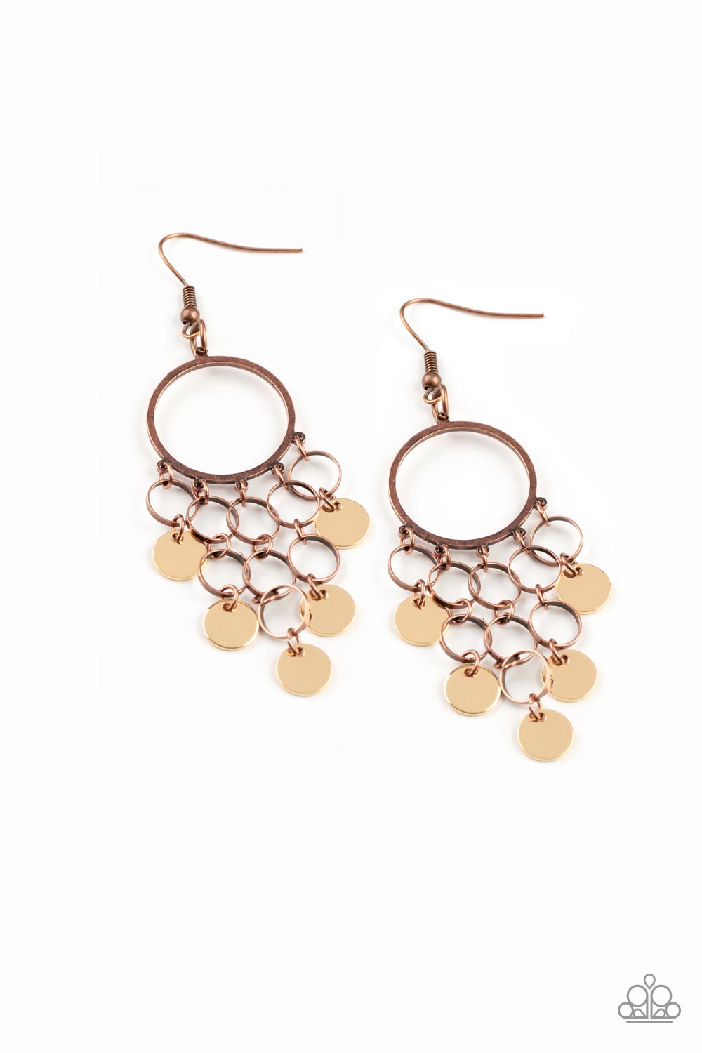 Paparazzi Cyber Chime - Multi Earrings tapered rows of gold discs and dainty copper rings cascade from the bottom of an airy copper hoop, creating a chime-like fringe. Earring attaches to a standard fishhook fitting.  Sold as one pair of earrings.